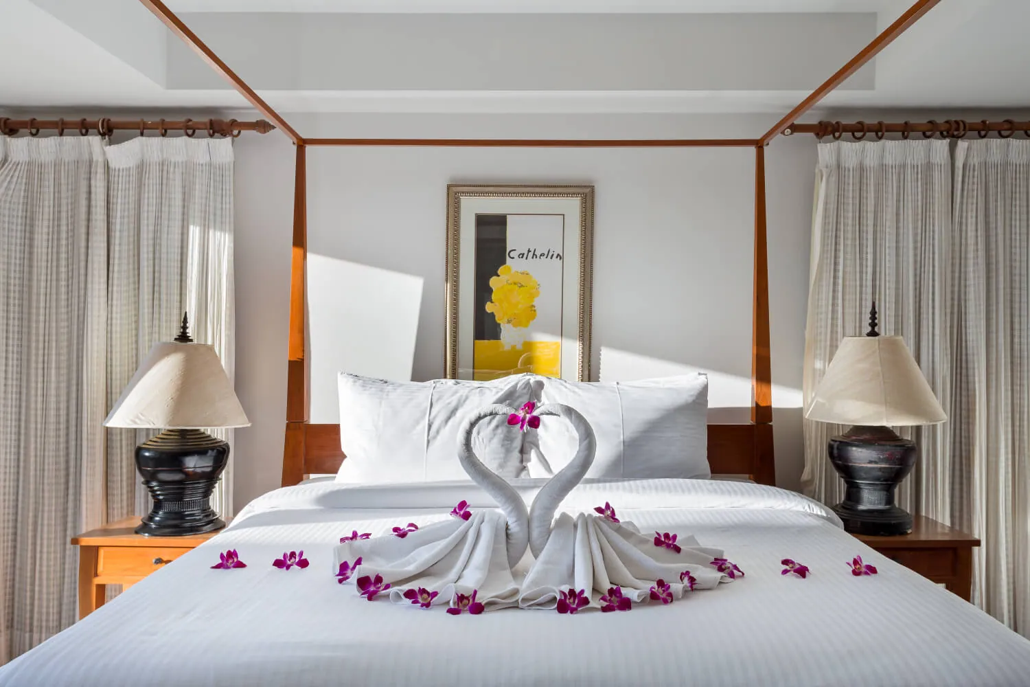 The master bed dressed with orchids