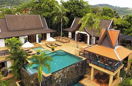 The villa, pool and sala from the air